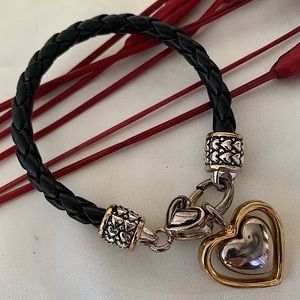 Brighton Black Braided Leather Gold and Silver Heart Charm Bracelet